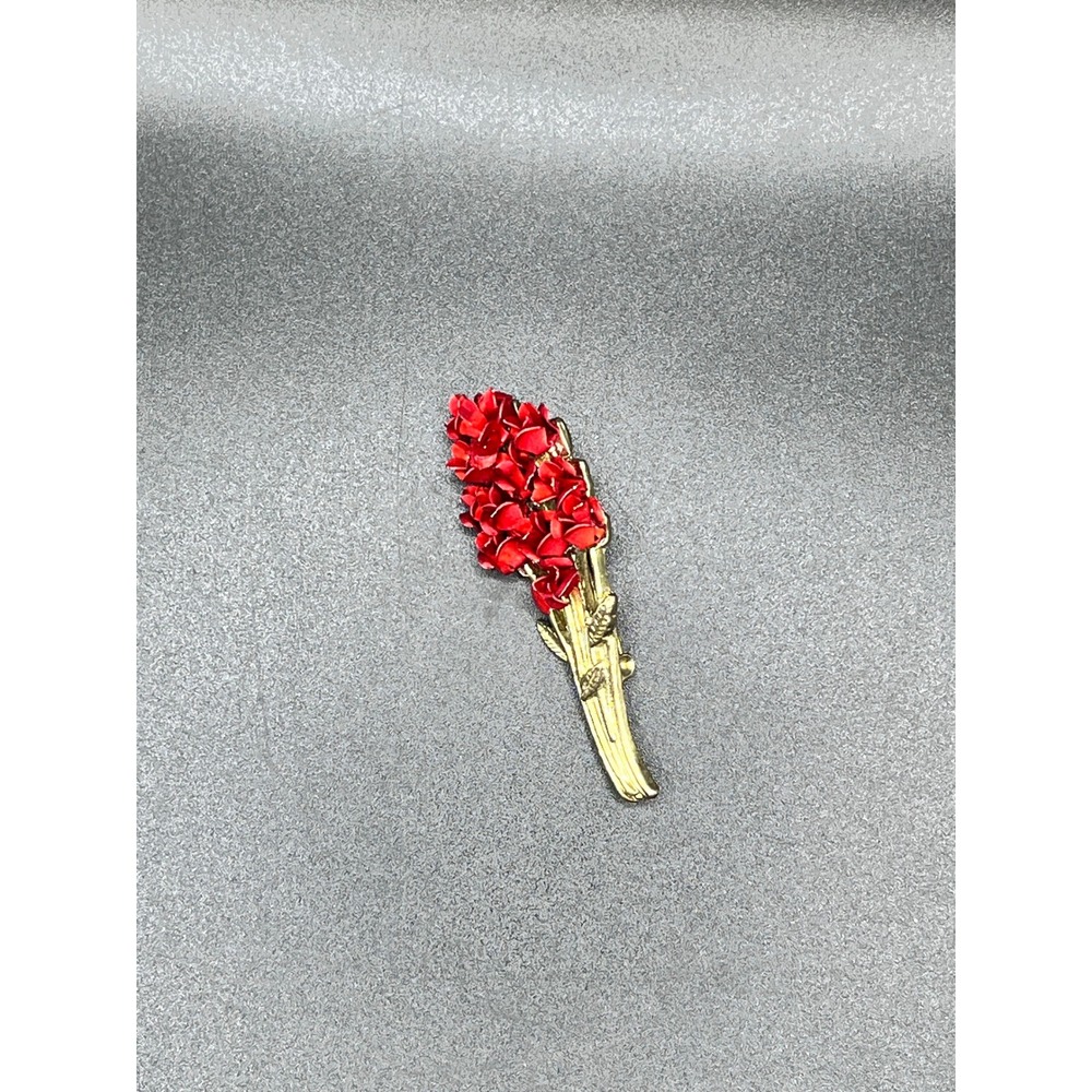 Gold Tone Red Flower‎ Brooch Pin Bouquet Dainty Elegant Floral Charm Jewelry Vtg